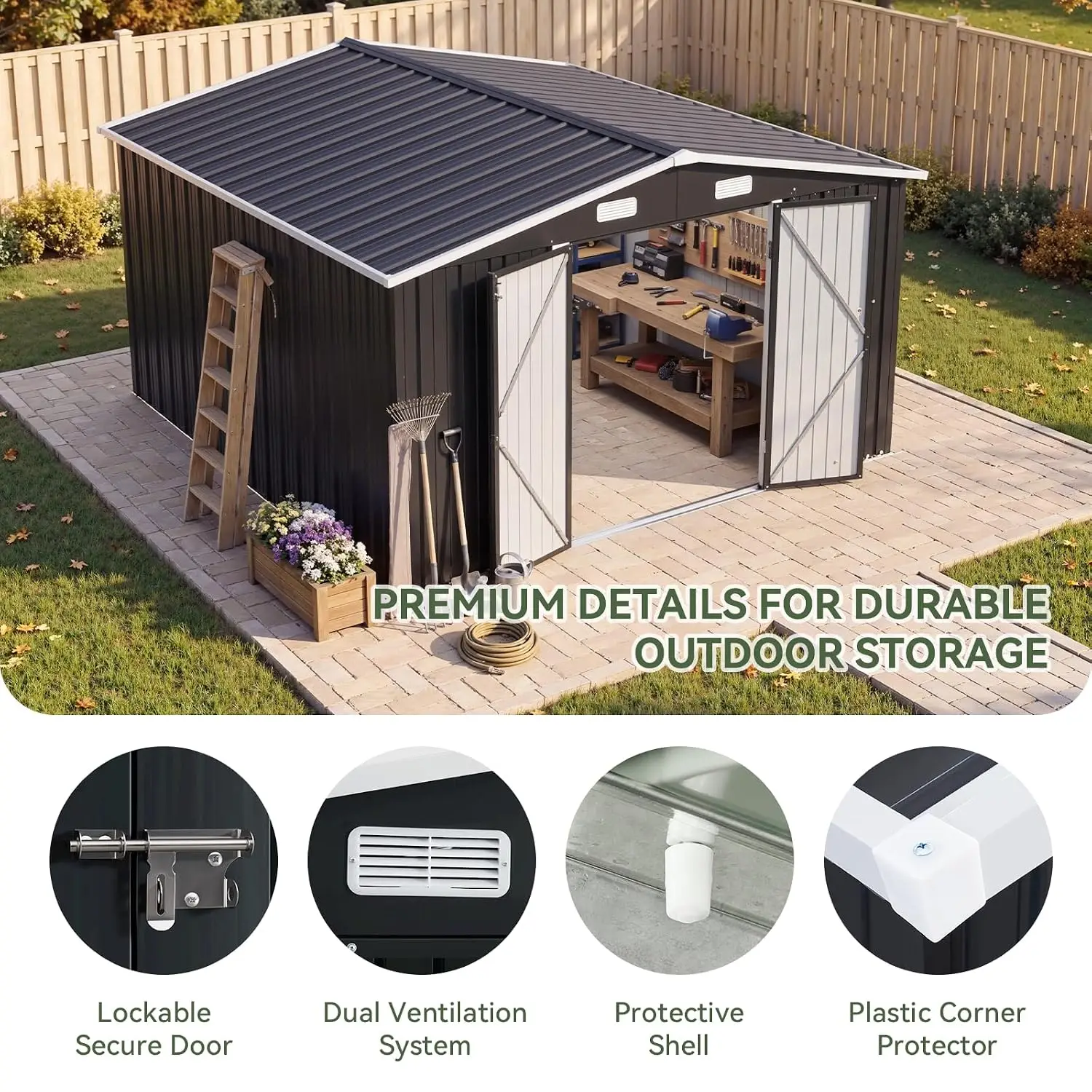 10x12 FT Outdoor Storage Shed with Lockable Double Doors, Black, Customized