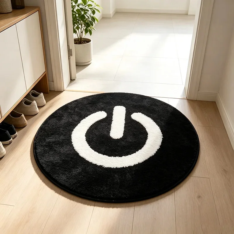 Water Absorbent Thick Fluffy Power Button Round Rug Quick Dry Bath Mat Cool Black White Contrast Ins Home Decor Floor Mat