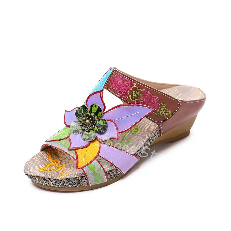 

Bohemian Mixed Color Prints 3D Flowers Decor Women Slippers Retro Peep Toe Wedges Summer Beach Sandals Ladies Hight Heel Shoes