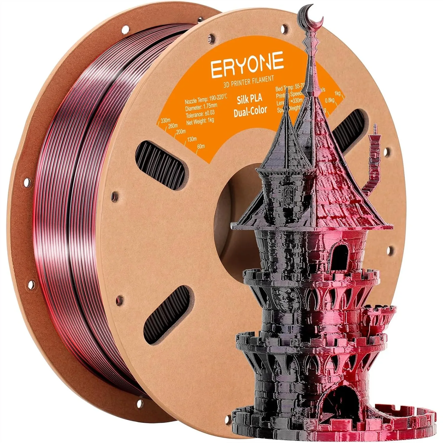 

ERYONE Silk Dual Color PLA Filament 1.75mm 0.03mm Bicolor 1KG Cardboard Spool Black Red for 3D Printer