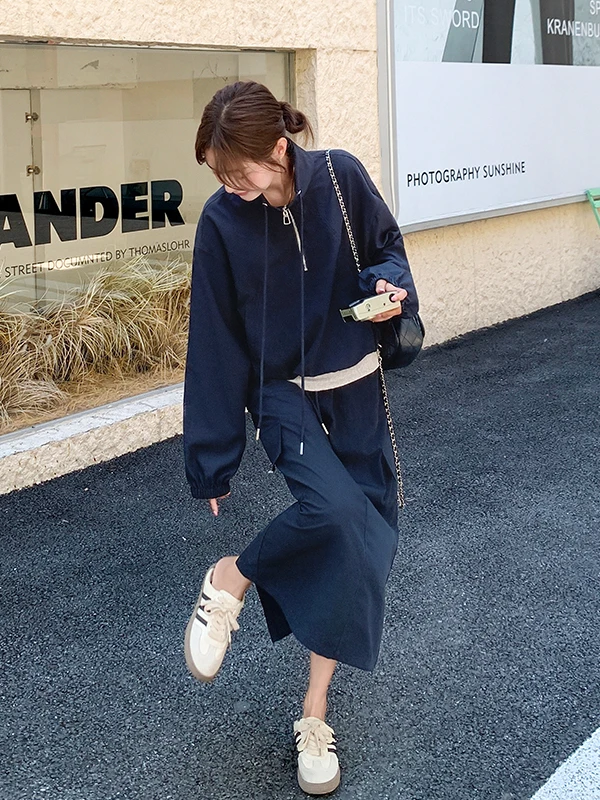 

Повседневный модный комплект из свитшота и юбки для женщин, синий, весна-осень, новый, с высокой талией, свободный крой