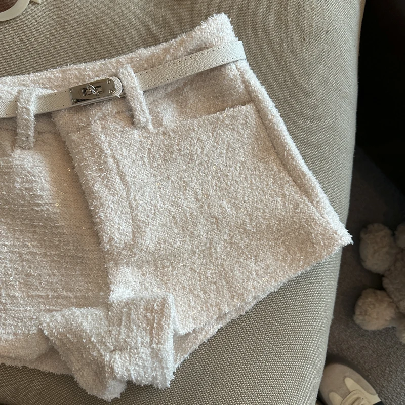 المرأة الخريف الشتاء الصوف والمزيج مطرزة واسعة الساق السراويل سيدة أنيقة بلون عالية الخصر فضفاضة السراويل القصيرة #2