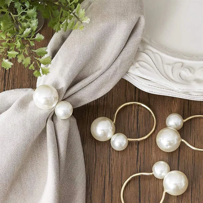 6pcs Elegant Pearls Napkin Rings U-Shaped Christening Bangle Metal Napkin Holder Wedding Gift Bridal Shower Decor Party Supplies