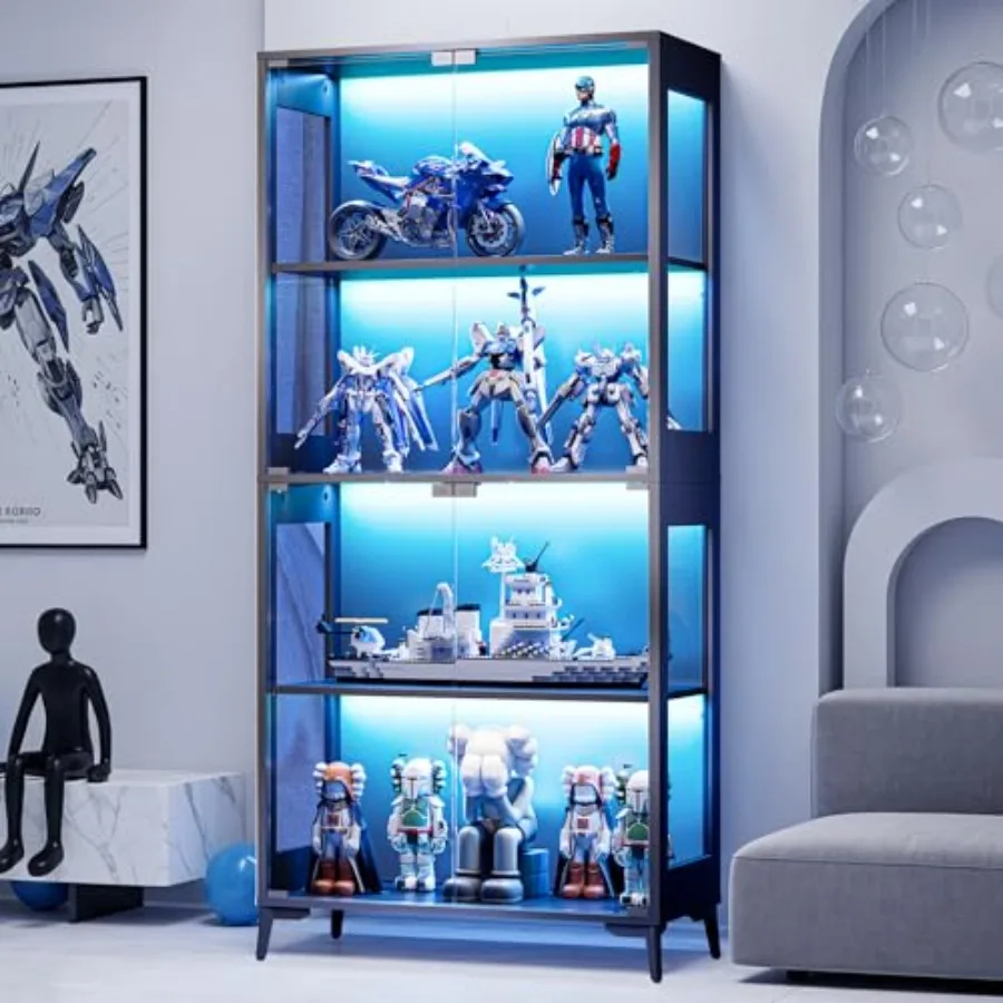 Glass display cabinet with doors for collectibles and books, black metal base, 4-tier adjustable shelves, RGB LED lights contro
