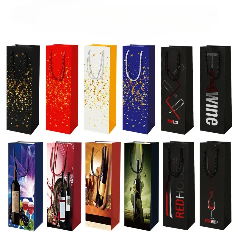 10pcs Single Bottle Red Wine Tote Bag Holiday Gift Wine Cigarette Package Bags Cardboard Pouch with Hot Stamping Star Pattern