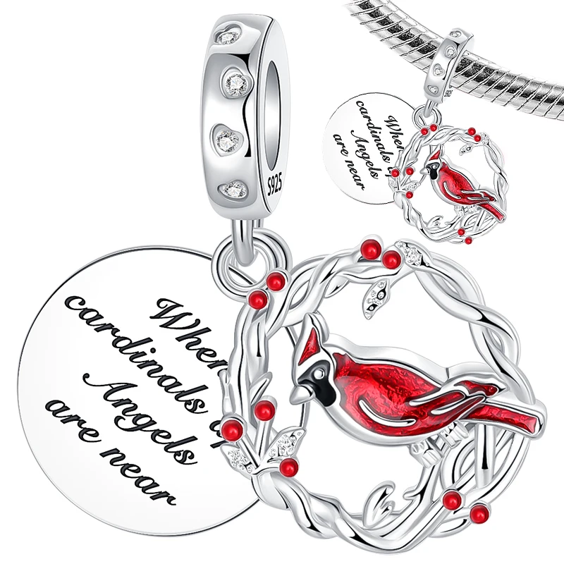 Breloque pendante en argent 925, motif oiseau cardinal rouge et couronne, avec message gravé, pour bracelet, cadeau commémoratif, bijou souvenir de sympathie