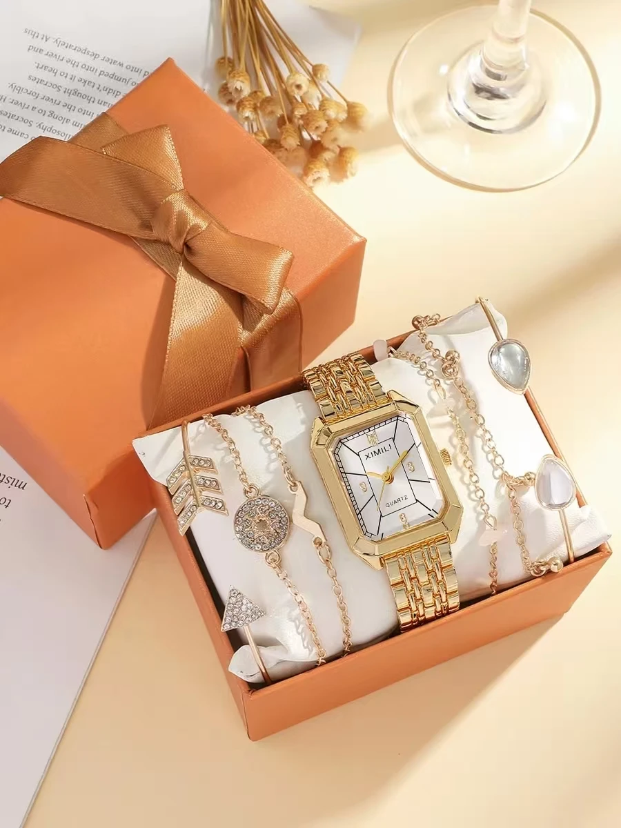 

Модный простой трендовый стальной квадратный кварцевый браслет для наручных часов из 7 предметов, подходит для Рождества, подарка на День Благодарения