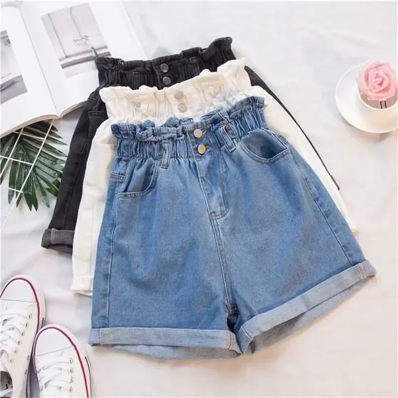 

Plus Size Summer Black Women's Denim Shorts Large Size 5Xl Harem Ruffle White High Waisted Shorts Elastic Waist Jeans for Women