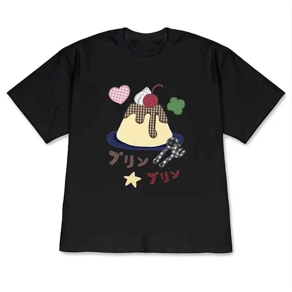 Loose-fit Short-sleeved Round-neck T-shirt Featuring A Japanese-style Girly Print of Puddings Cherries and Hearts Tops Clothing