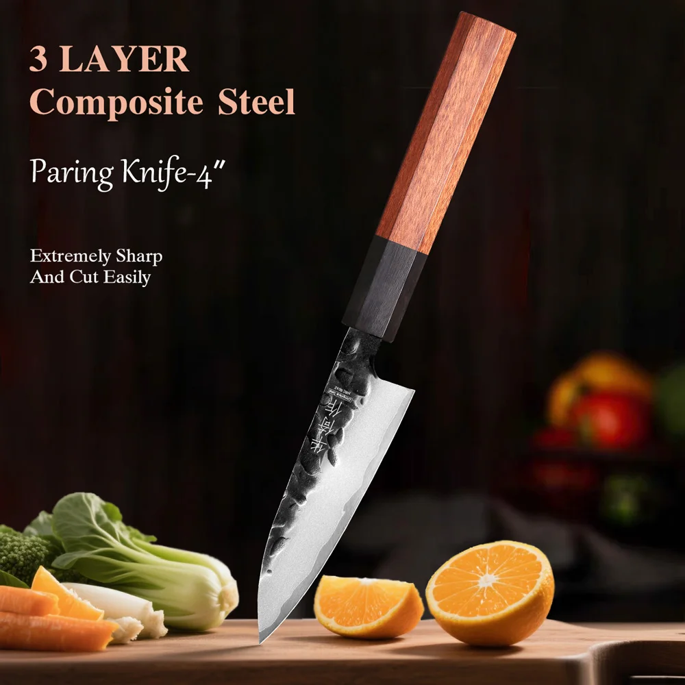 

4" Japanese Style Hand Forged Paring Knife Composite Steel Professional Chef Knives Kitchen Utility Fruit Petty Cooking Tools
