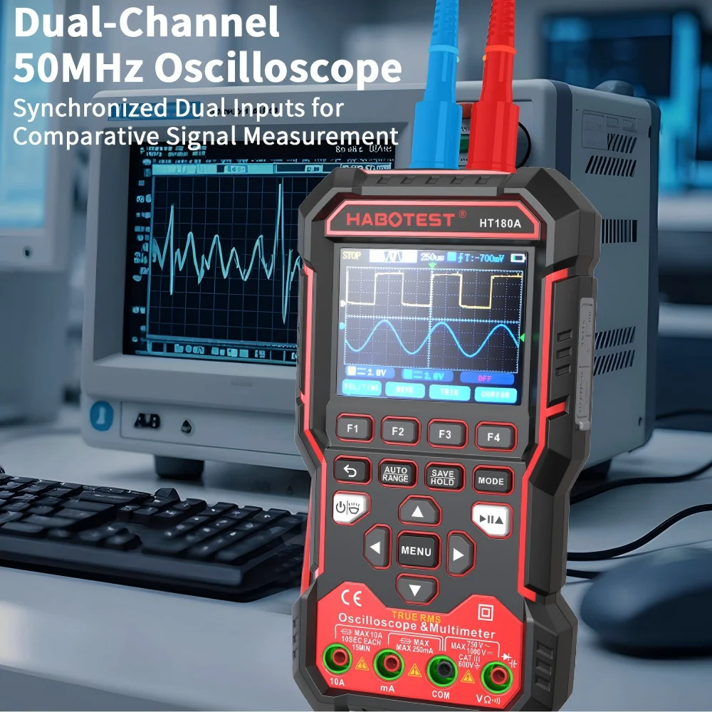 Habotest HT180A Upgrade 3in1 Oscilloscope Multimeter Signal Generator 50MHz Bandwidth 200MS Rate Dual Channel 25000 Counts
