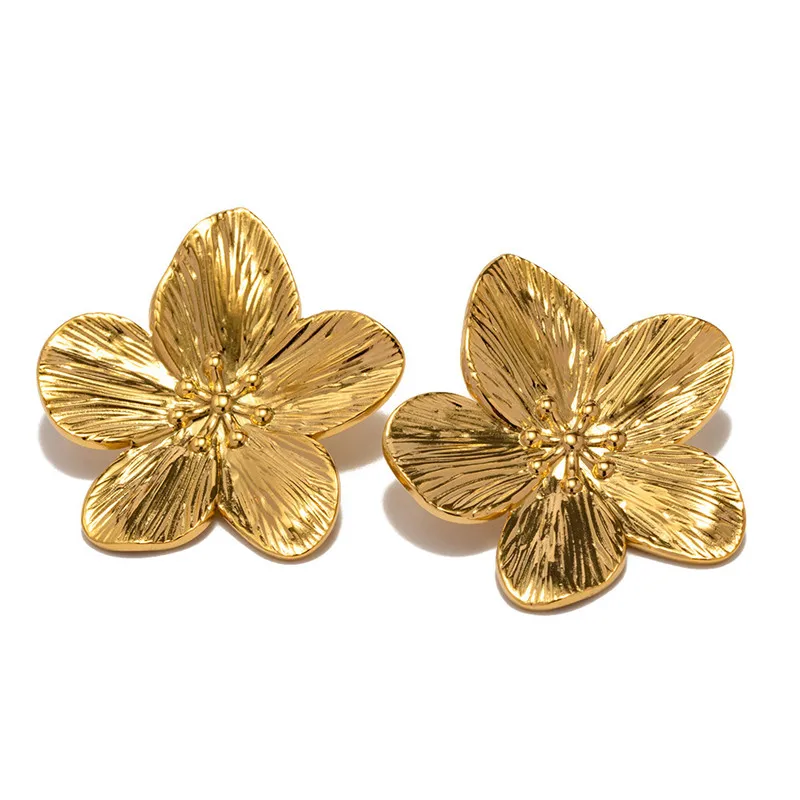 Stylish Vintage Flower Stud Earrings Gold Color Stainless Steel for Women Fashion Exaggerated Party Jewelry Gifts