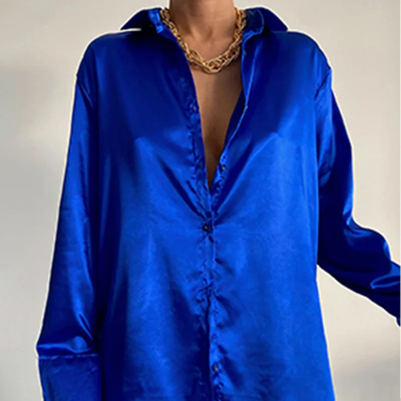 Elegant Satin Blouse for Women, Long Sleeve, Solid Color, Silk Shirt, Casual Blue Tops, Vintage Office Clothes, 22717