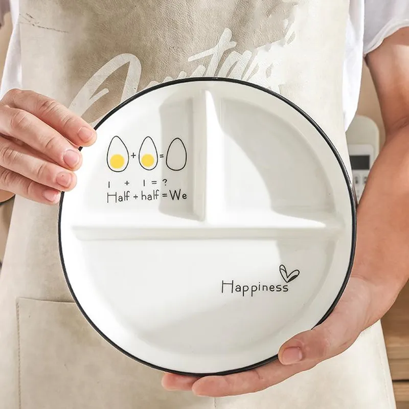 Ceramic Dinner Plate White Porcelain Three Grid Plate 1person Family Breakfast Dishes Fat-reducing Quantitative Divider Plate