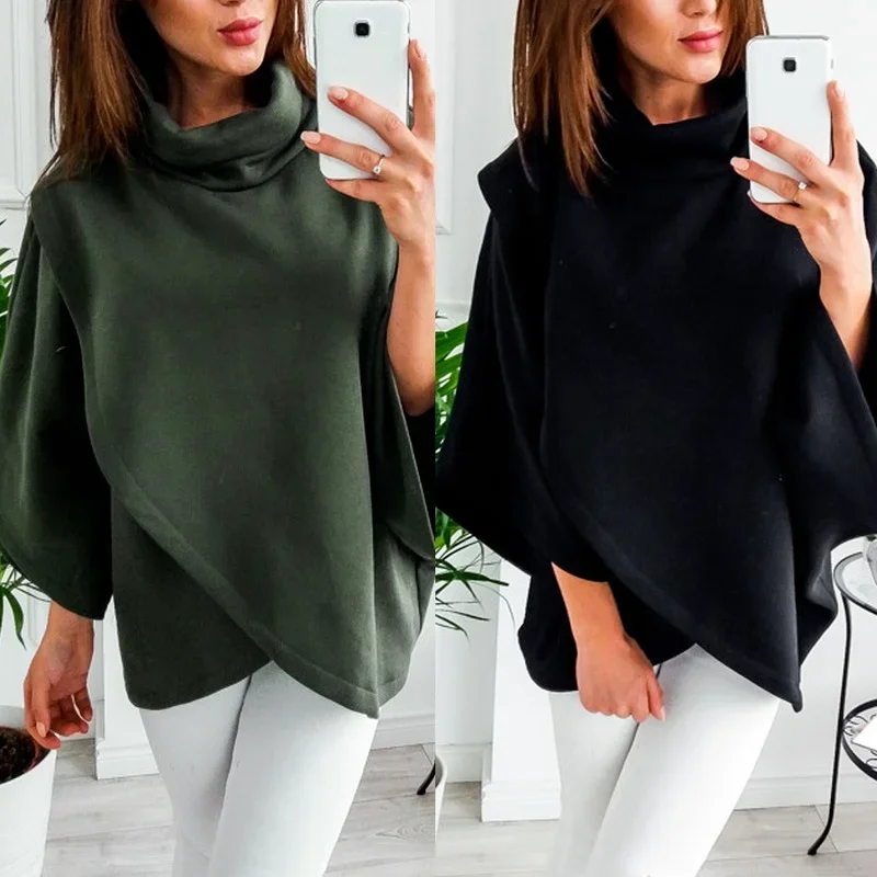 Sudadera asimétrica de cuello alto para mujer, capa de lana, Poncho de ala de murciélago a la moda, abrigos cálidos, capa de invierno, Jersey sólido