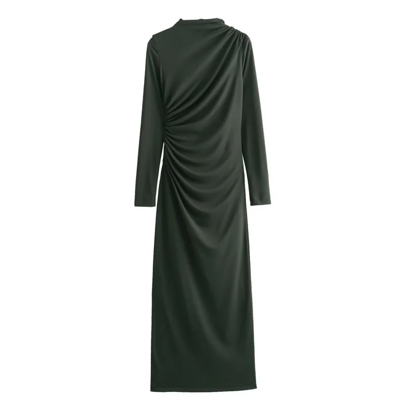 الخريف الوقوف طوق كم طويل مطوي سليم فساتين طويلة النساء تنوعا فستان الحفلات الإناث عادية شاطئ عطلة ارتداء 2025 جديد