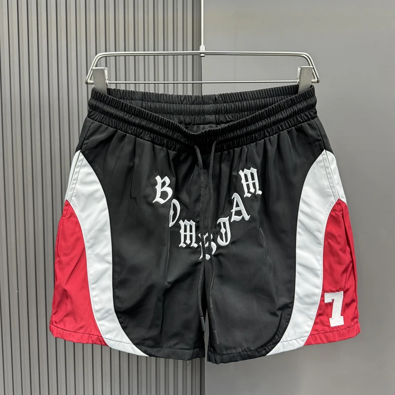 

Сетчатые быстросохнущие шорты с цветными вставками и цифровой этикеткой 7, свободные шорты на шнурке, модные спортивные пляжные шорты для мужчин и женщин