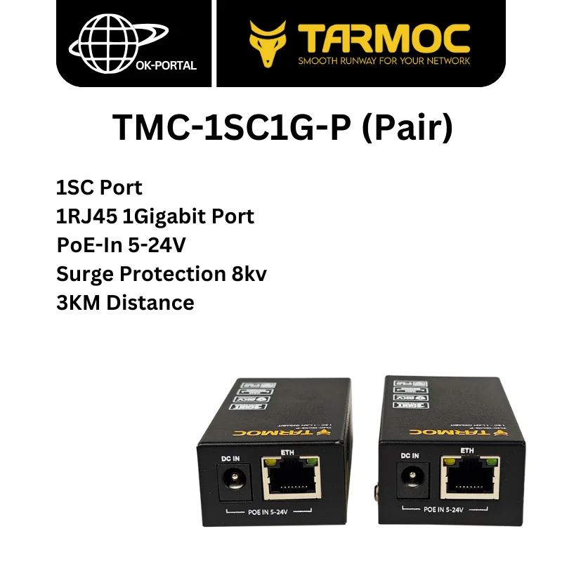 Tarmoc TMC-1SC1G-P Gigabit Fiber Transceiver Media Converter 1SC+1RJ45 1Gigabit PoE-In 5-24V Single Mode  Single Fiber