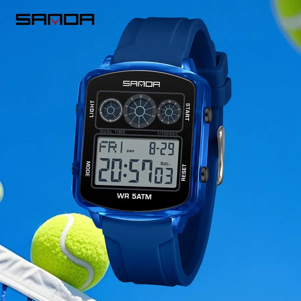 SANDA Brand 6503 Fashionable Square Timer Electronic Watch, Student Alarm Clock, Multifunctional Waterproof Sports Men's Watch