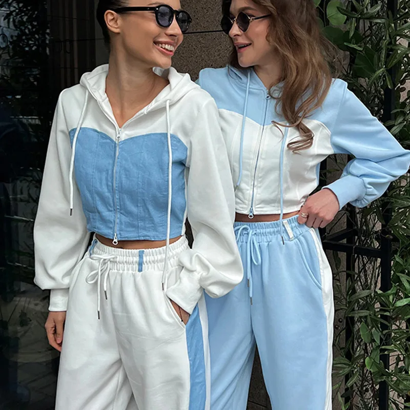 

Women's Color Matching Fashion Suit, Sexy Waist Hooded Contrasting Color Cardigan Sweatpants Two-piece Set