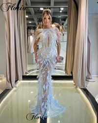 Newest Crystals Prom Dresses Luxury Sheer Neck Mermaid Celebrity Dresses With Feathers Illusion Cocktail Dress Vestidos De Noche