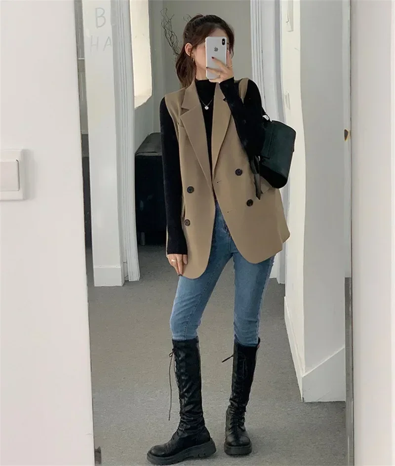 Khaki Women Suits 1 Piece Vest Waistcoat Double Breasted Formal Office Lady Business Work Wear Fashion Girl Coat Prom Dress