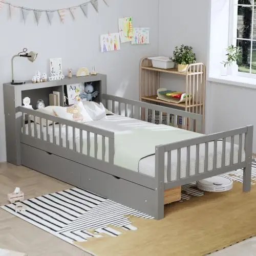 Kids Platform Bed with Storage Headboard, Twin Size Kids Bed with 2 Under-Bed Drawers and 3-Side Guardrails (Grey)