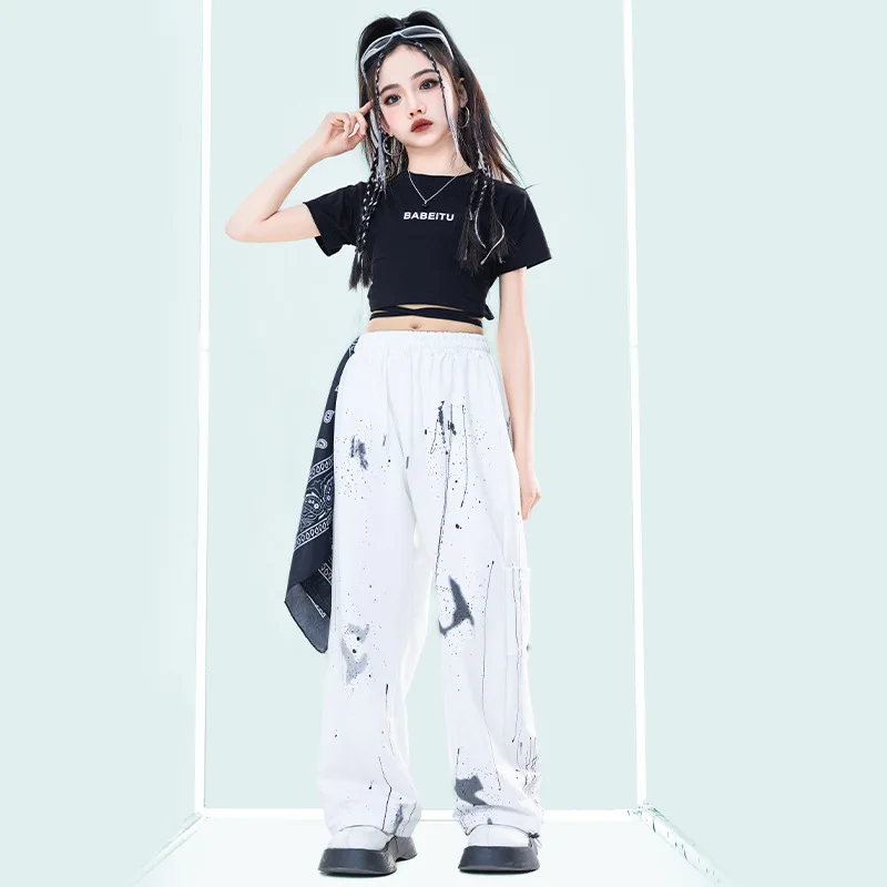 Summer New Fashion Hip-hop Girls Street Dance Suit Black Short-sleeved Top Suit Children Jazz Dance Performance Outfits