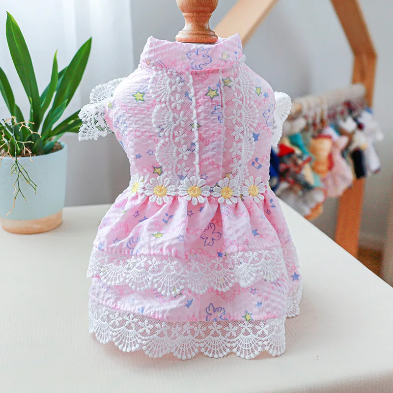 Floral Summer Clothes for Small Dogs Short Sleeve Lace Pink Sphinx Cat Dresses Princess Party Wear Breathable Pet Clothing