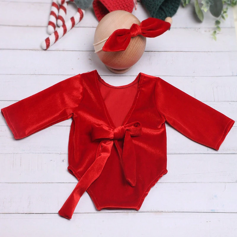 Newborn Baby Christmas Rompers Red Green Velvet Long Sleeve Bodysuit for Photography With Big Bow Headband Xmas Clothing Costume