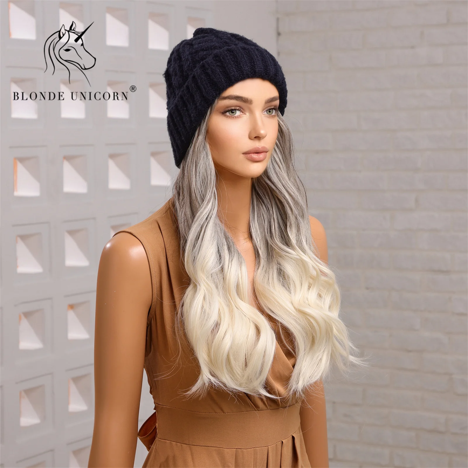 Blonde Unicorn Hat wigs Cap with Hair Ombre Brown Blonde Color Connect Synthetic Hair Women Daily Party High Temperature