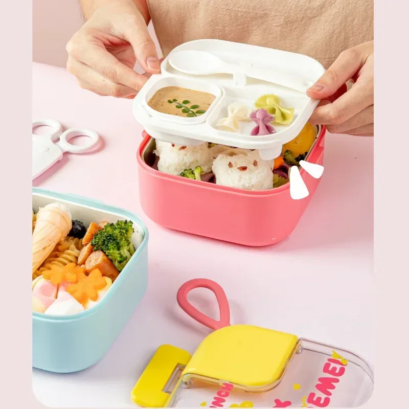 

2 Layer Kids Lunch Box Microwave Safe LunchBox with Food Scissors 750ml Children Bento Box Meal Prep Containers Lancheira