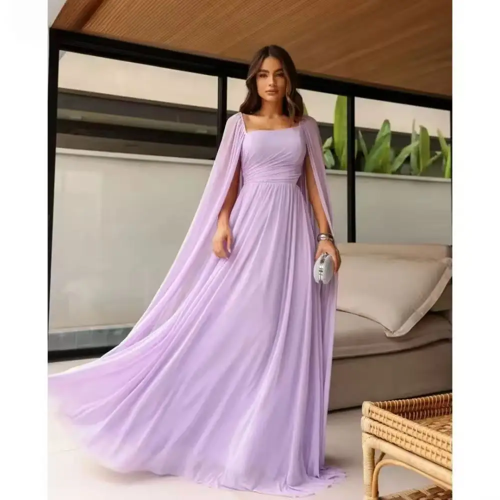 

Customized A-line Party Dresse Floor-Length Shawl Square Collar Backless robes de soirée Mesh Fabric Strapless Prom Dress