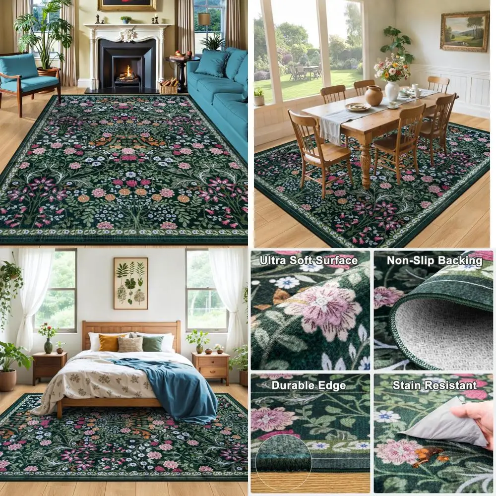 

8x10 Area Rugs for Living Room: Floral Washable Rug Vintage Large Soft Boho Non-Slip Carpet Indoor Floor Stain Resistant Carpets