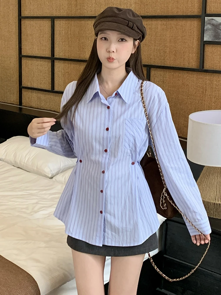 

Женская полосатая блузка больших размеров с длинным рукавом, весенняя мода 2026, стройнящий топ для полных женщин, повседневный стиль