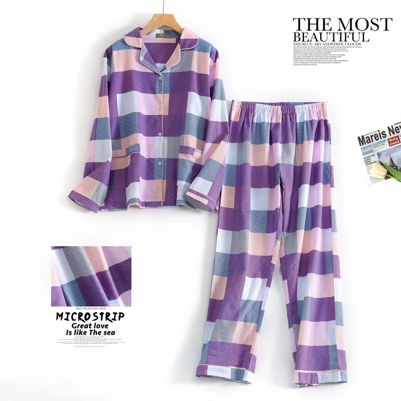 

Весенне-осенние женские повседневные пижамные комплекты в клетку, женский костюм для сна из 100% хлопка, рубашка и брюки с отложным воротником и длинными рукавами