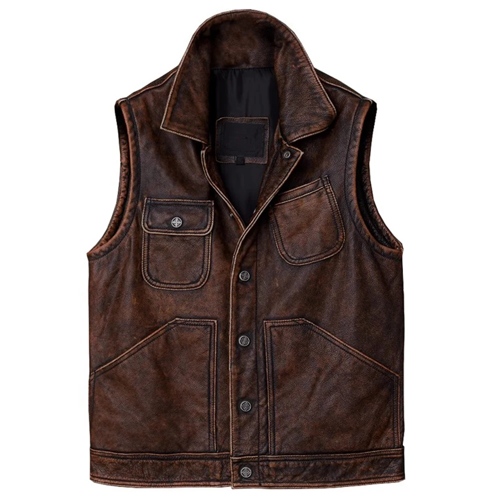 

Vintage Fashion Motorcycle Vest Man Tank Tops Waistcoat US Work Style Real Cow Leather Summer Spring Jacket Coat Sleeveless