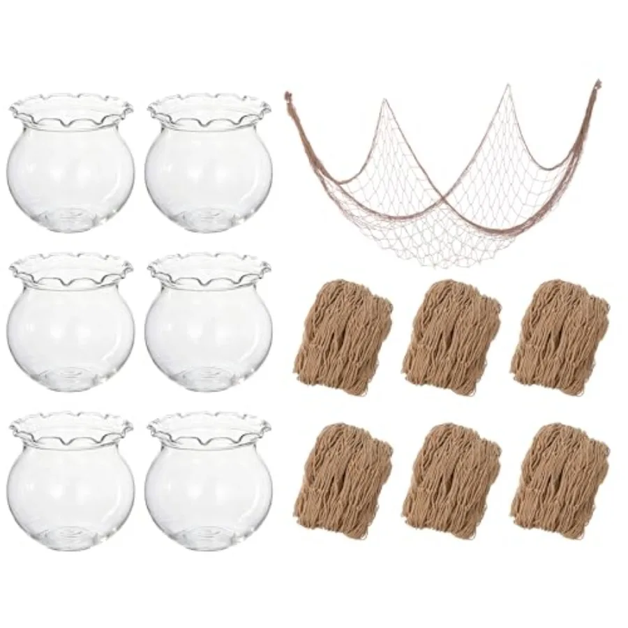 

Mini Plastic Fish Bowl with Fish Net Decor, 6 Small 0.18 Gallon Lace Bubble Bowl Pair with 6 Fishnet, for Ocean-Themed Aquarium