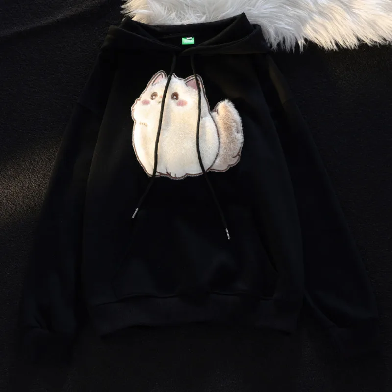 Autumn Japanese Kawaii Flock Embroidery Cartoon Cat Patchwork Hooded Sweatshirt Kangaroo Pocket Baggy Casual Loose Streetwear