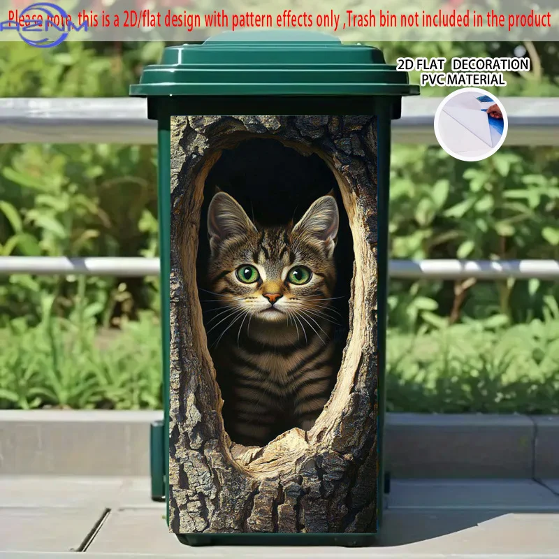 Realistic Cute Kitty Peeking from Tree Hole - Large 14.57x32.28 Inch (37x82cm) Self-Adhesive Trash can Decoration, No Tools Ne