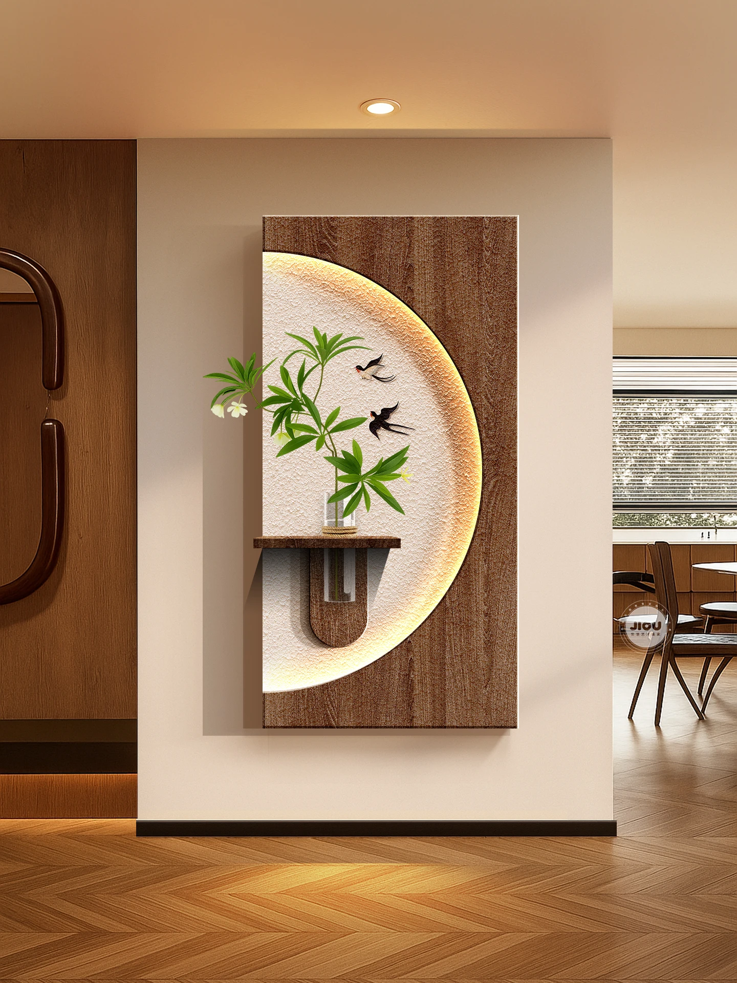 Middle Ancient Style Entrance Door Hydroponic Green Plants Entrance Decoration Painting High-end Corridor Mural Sandstone Facing