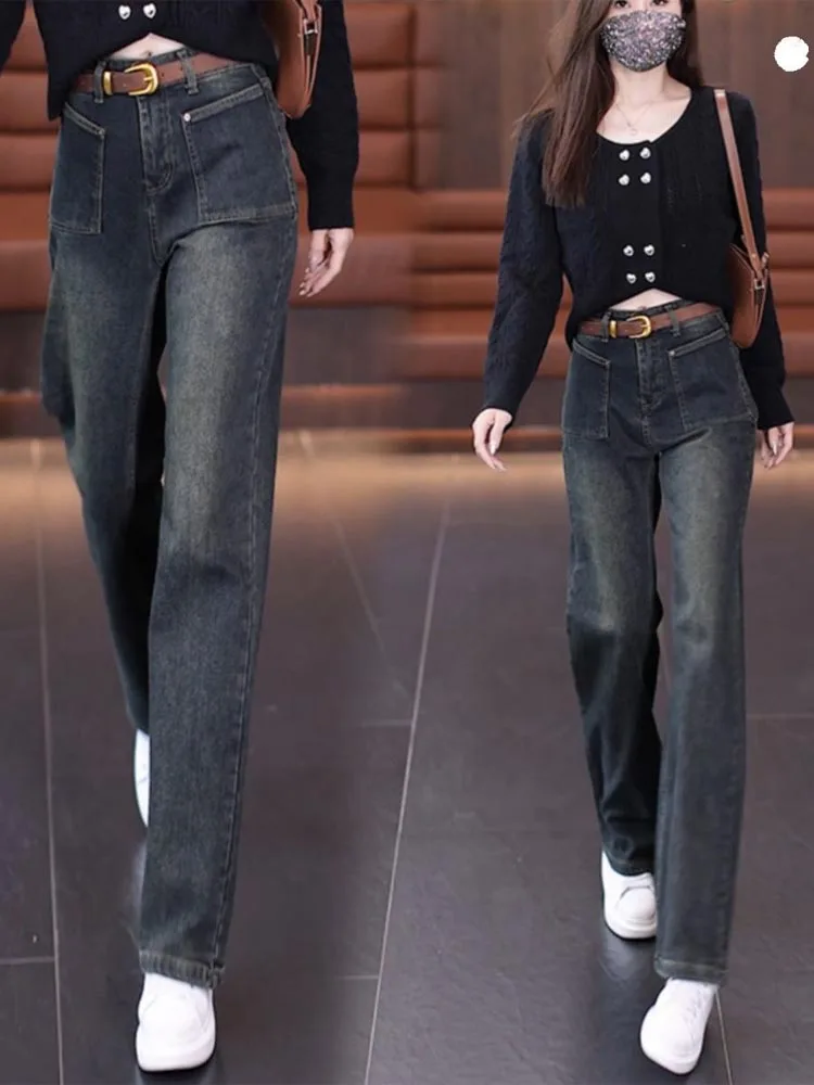 Retro Fce Lined Loose Fit Straight Leg Denim Wide Leg Pants Women's Slimming Trousers High Waist Long Pants Winter Faion