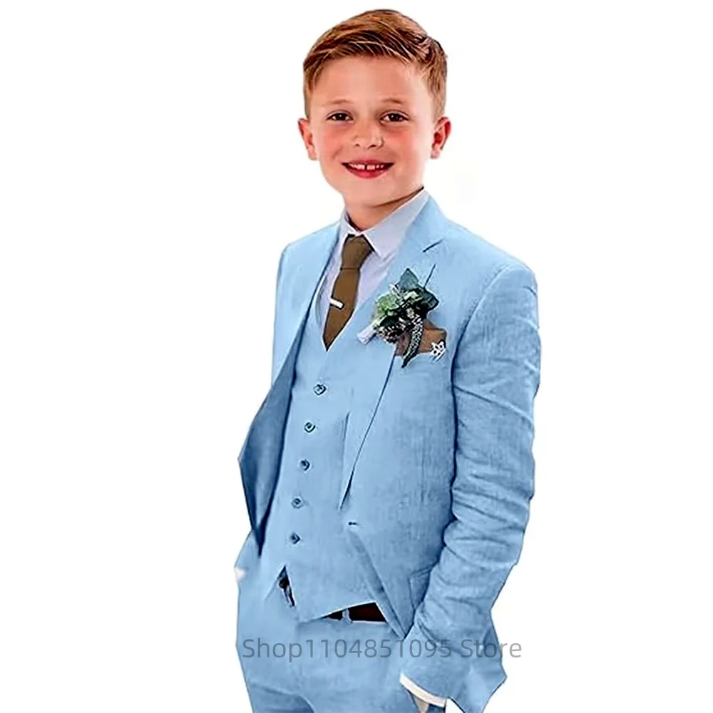 Flower Boys Linen Suit Slim Fit 3 Piece Summer Beach Wedding Light Weight Suit Casual Kids Linen Suit Jacket Vest Pant Set