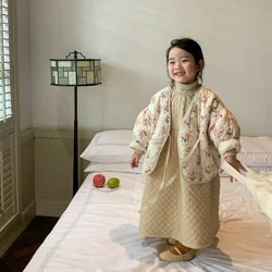 Girls Dress 2023 Winter New Fashionable Korean Style Long Quilted Dress Long Sleeve Princess Solid Color Casual Simple Dress