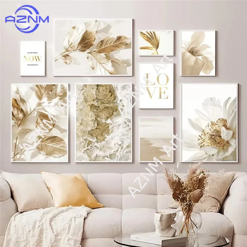 1 Stück Nordische Moderne Kunst Goldene Blätter Strandlandschaft Poster Wandkunst Ästhetischer Druck Leinwandgemälde für Wohnzimmer Modernes Zuhause