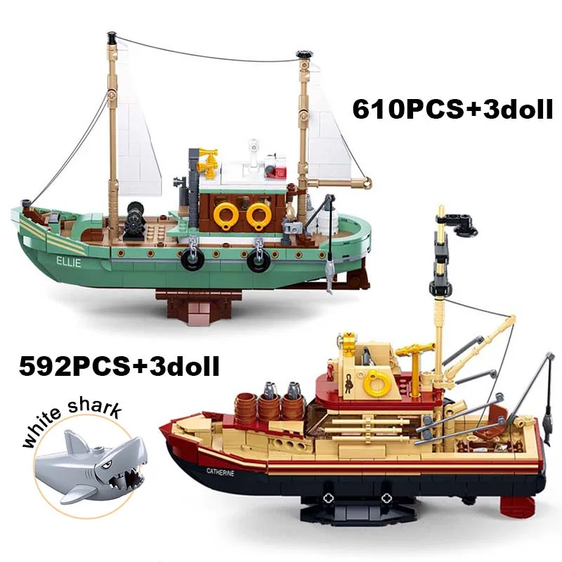 

Fishing Boat Building Blocks Bricks Ship Fisherman Figures Compatible Fishing Store White Shark Educational Toys Childrens Gifts