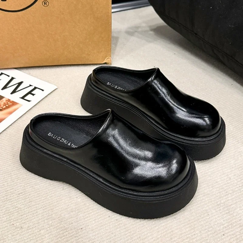

Women's Mules Slippers 2026New Casual Leather Slippers Fashion Baotou Half Slippers Waterproof Leather Slipper Zapatos De Mujer