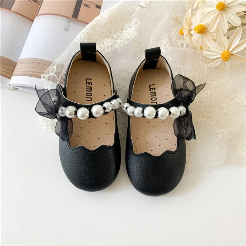 Autumn Girls Children Solid Leather Shoes Cute Pearl Mesh Lace Soft Sole Princess Shoes Newborn Kids Elegant Casual Dance Shoes