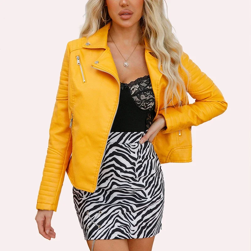 Motorcycle Style Zipper Front Faux PU Leather Jacket Women Turn Down Collar Sexy Jackets Casual Splice Slim Fit Short Jacket