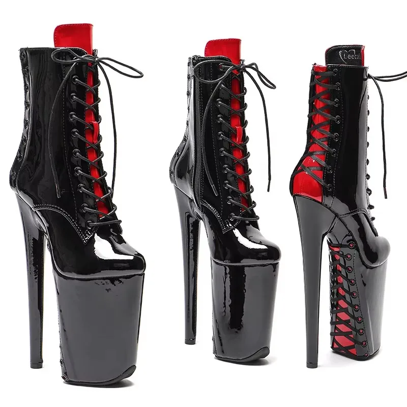 New 23CM/9inches Patent PU black with red color back lace Pole dance shoes High Heels Pole Dance Shoes Modern ANKLE Boots